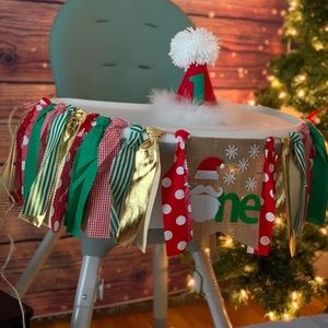 First birthday (one) holiday banner, cake topper, candle, and hat